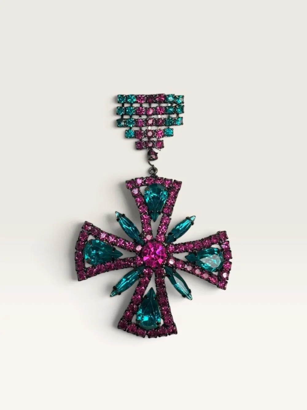 1960s Pink Fuchsia Teal Rhinestone Dangle Maltese Cross Medal Brooch 3.21